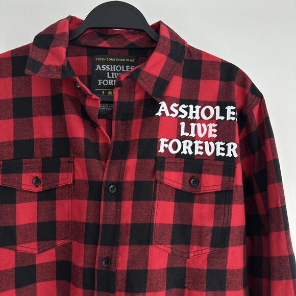 Assholes*s Live Forever Shirt Mens Large Red Black Flannel Buffalo Plaid Check - Picture 3 of 9